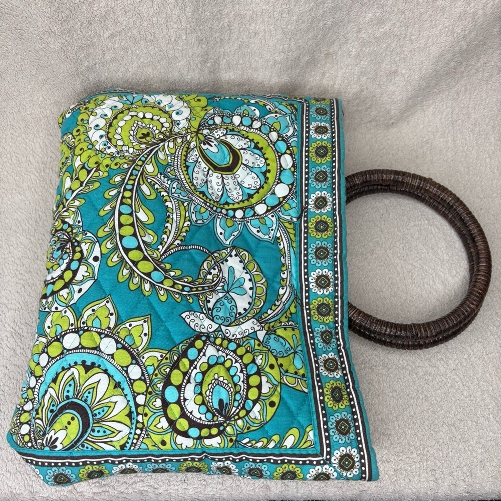 Vera Bradley Quilted Purse Wrapped Wooden Handle Green/Blue/Brown Resort Casual - Picture 3 of 13
